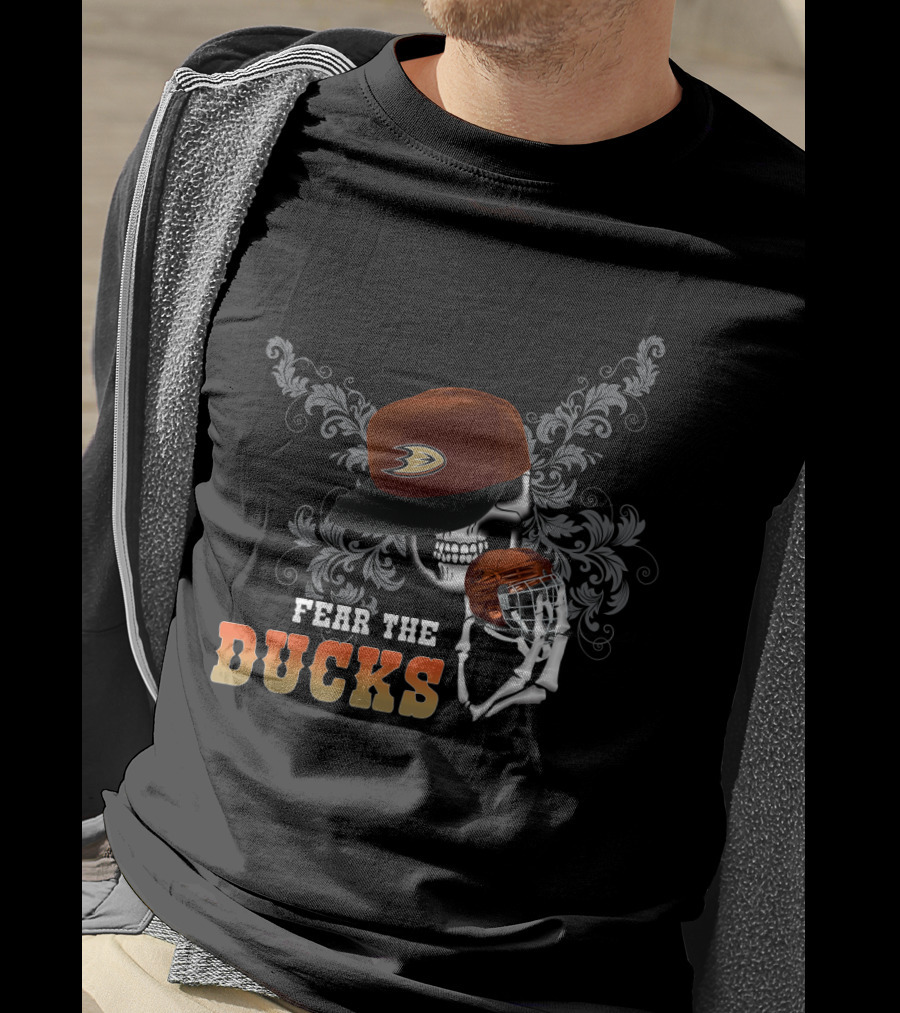 Fear The Anaheim Ducks Skull With Hockey Helmet And Cap T-Shirt
