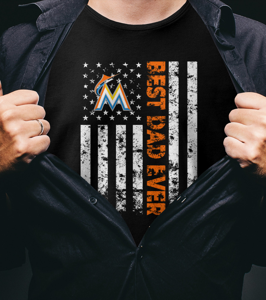 Best Dad Ever Miami Marlins Logo With Patriotic Flag Stripes T-Shirt