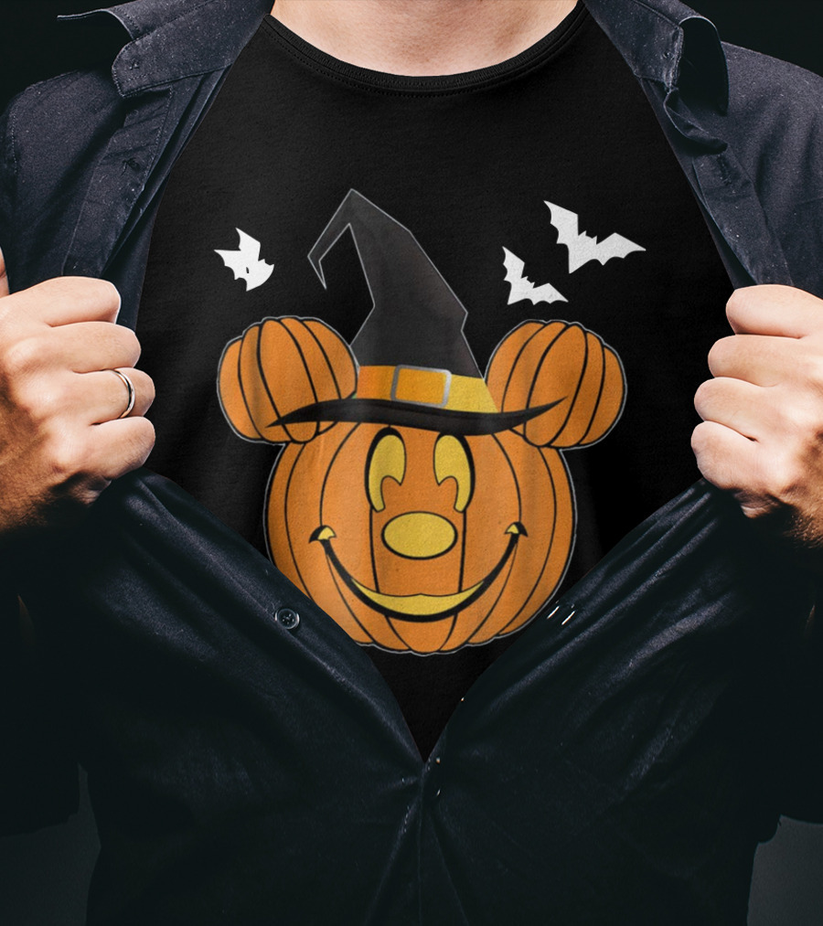 Disney Mickey Mouse Halloween Pumpkin Witch Hat And Bats T-Shirt