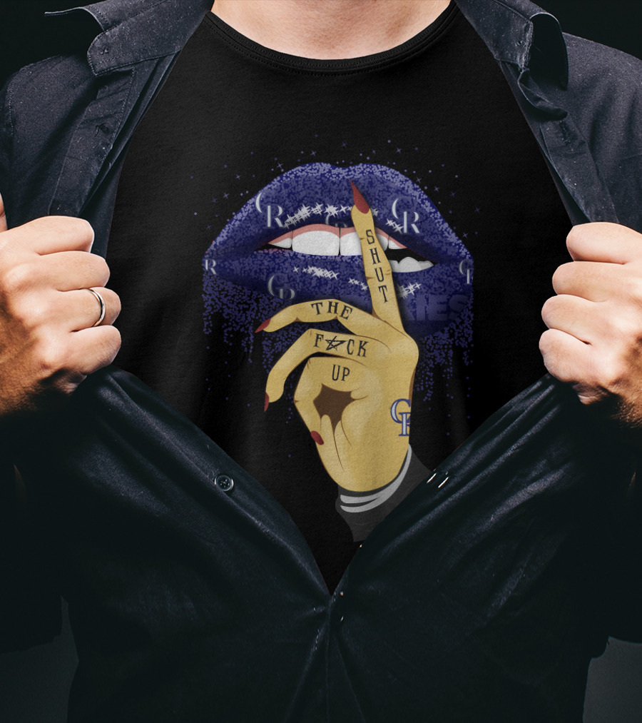 Purple Glitter Lip With Shut Up Tattoo For Colorado Rockies Fans T-Shirt