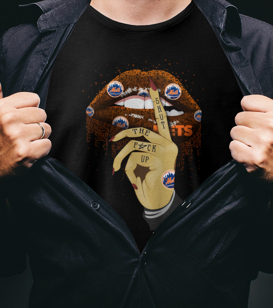 New York Mets Glitter Lips Shut Up Hand Gesture With Team T-Shirt
