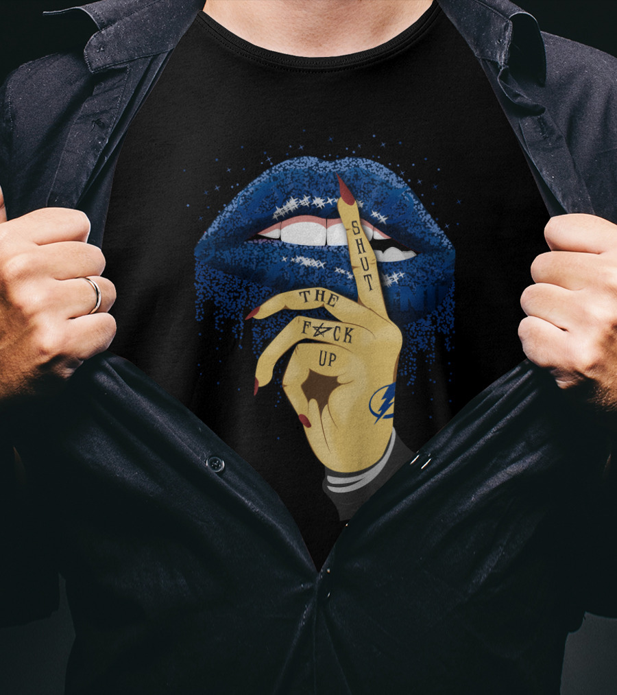 Tampa Bay Lightning Glitter Lips Shut Up Gesture Fan T-Shirt