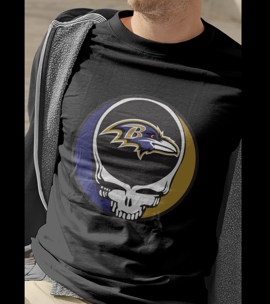Grateful Dead Skull Logo With Baltimore Ravens Team T-Shirt
