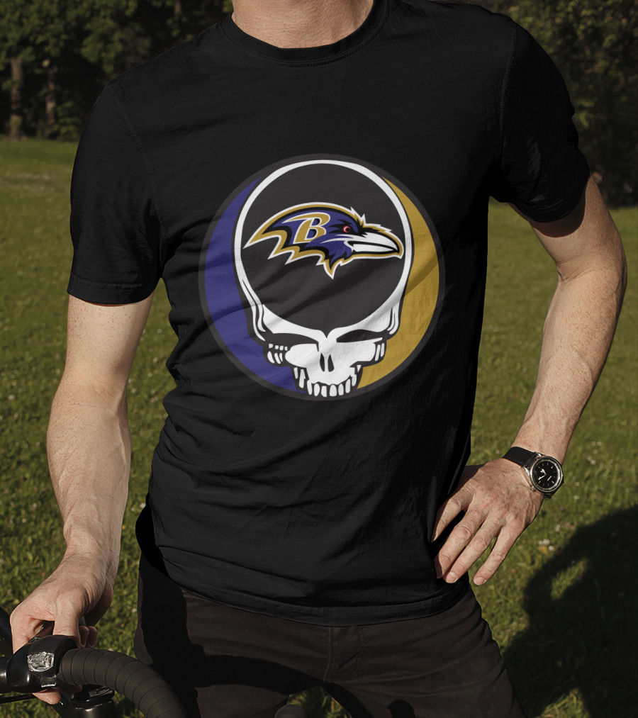 Grateful Dead Skull Logo With Baltimore Ravens Team T-Shirt