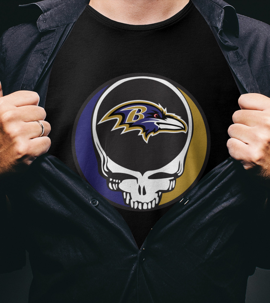 Grateful Dead Skull Logo With Baltimore Ravens Team T-Shirt