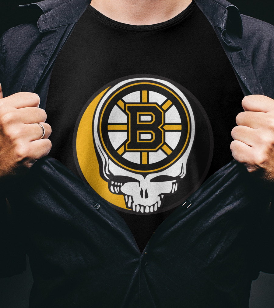 Boston Bruins And Grateful Dead Skull Logo Fusion T-Shirt