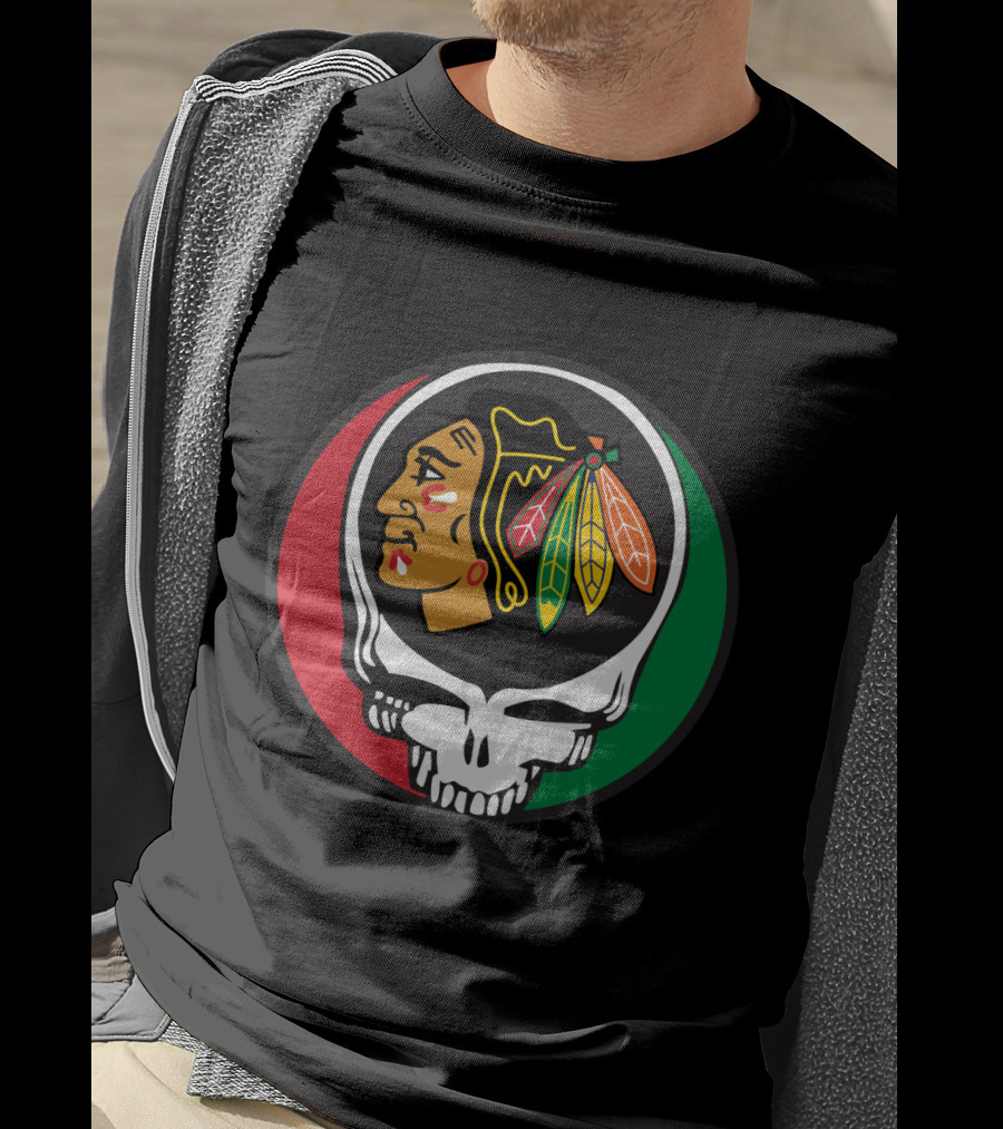 Grateful Dead Skull Chicago Blackhawks Logo Fusion For Fans T-Shirt