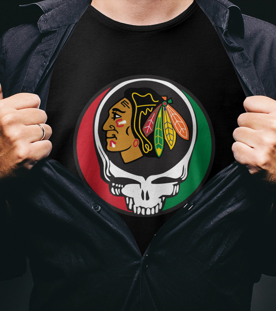 Grateful Dead Skull Chicago Blackhawks Logo Fusion For Fans T-Shirt