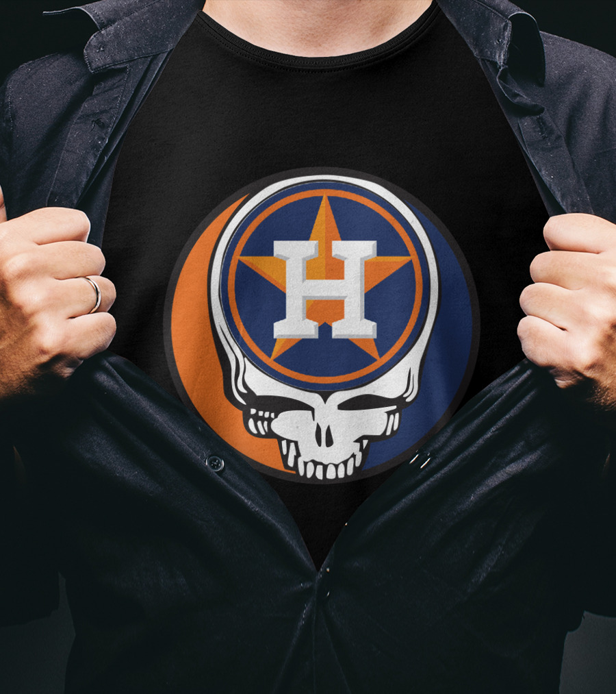 Grateful Dead Skull With Houston Astros Logo And Star In Orange And Blue T-Shirt