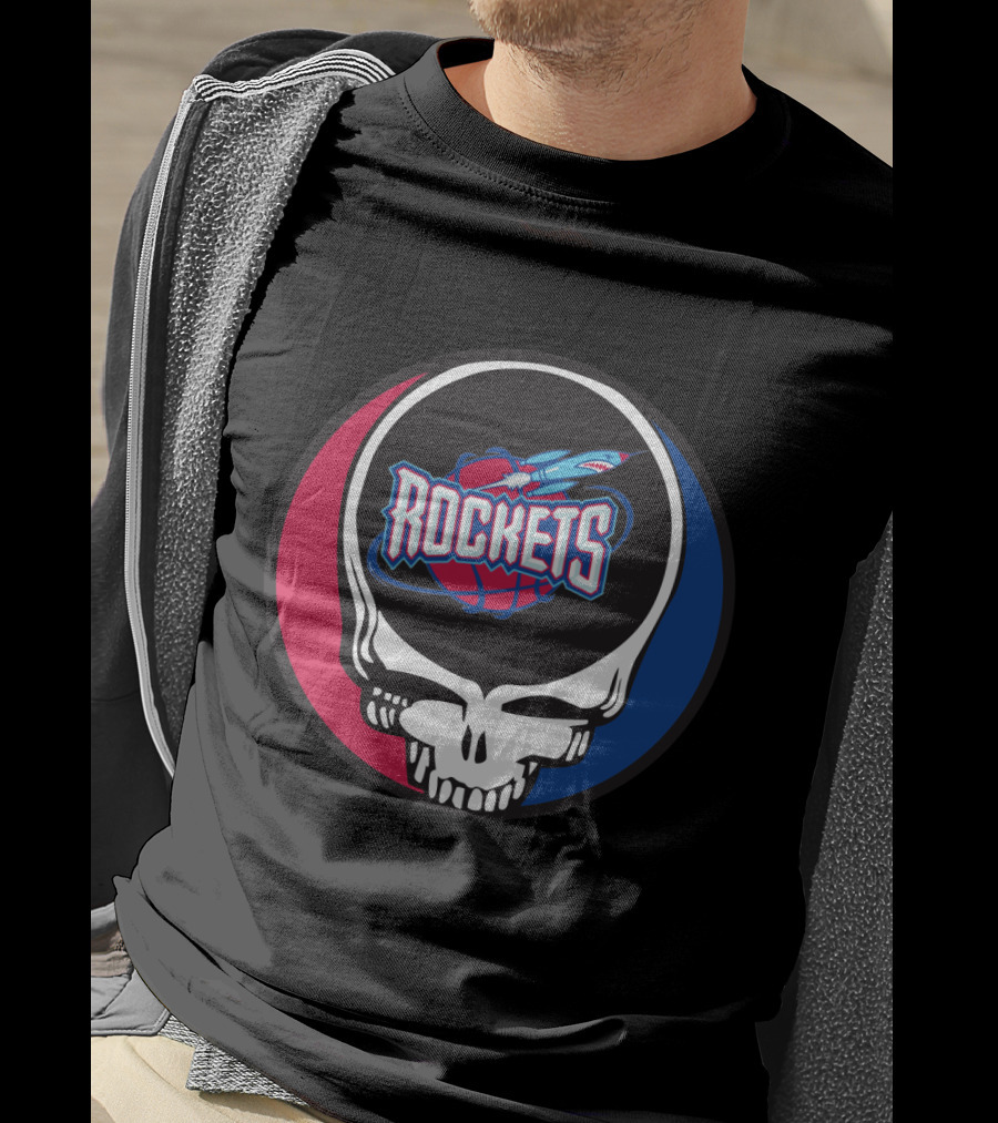 Grateful Dead Skull With Houston Rockets Basketball Logo And Blue Red Circle T-Shirt