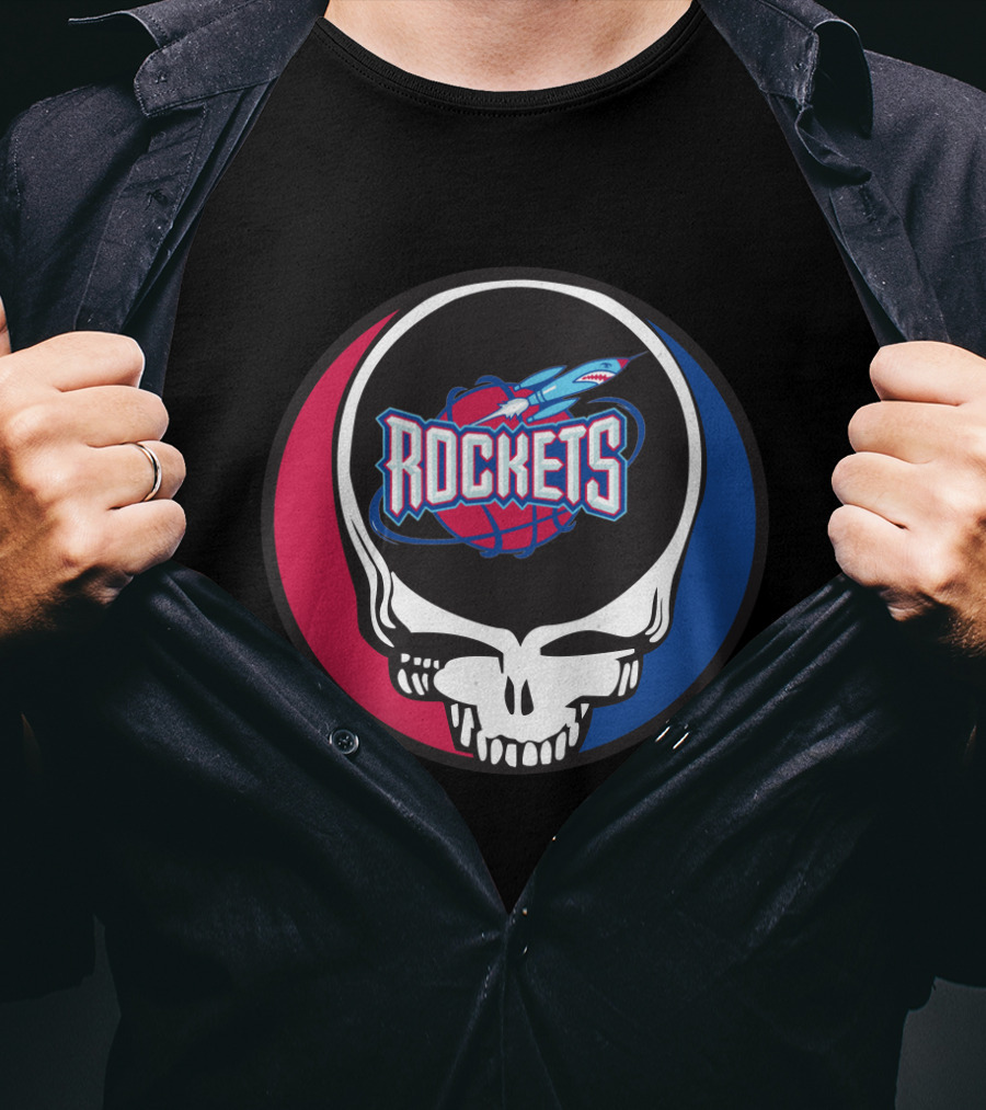 Grateful Dead Skull With Houston Rockets Basketball Logo And Blue Red Circle T-Shirt