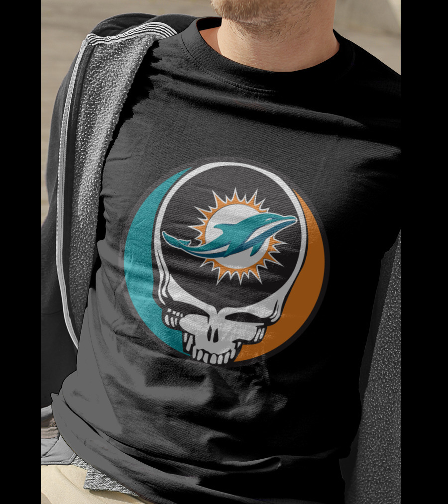 Grateful Dead Skull With Miami Dolphins Logo Fusion For Fans T-Shirt