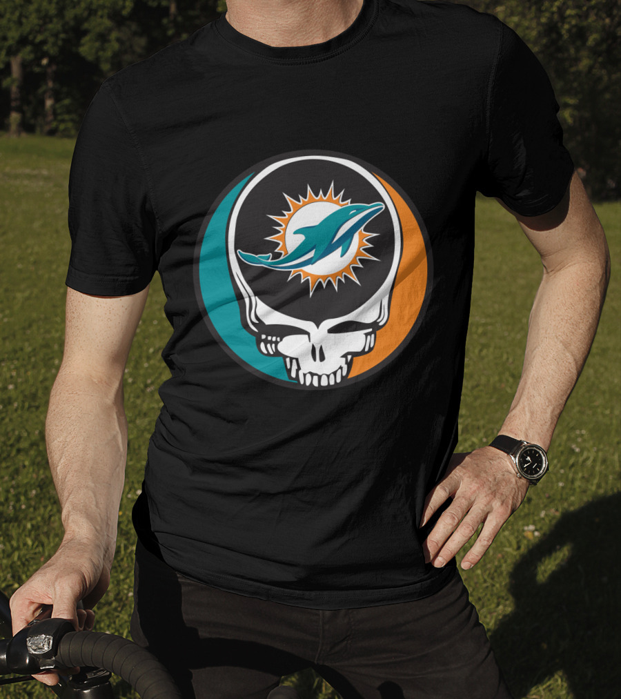 Grateful Dead Skull With Miami Dolphins Logo Fusion For Fans T-Shirt