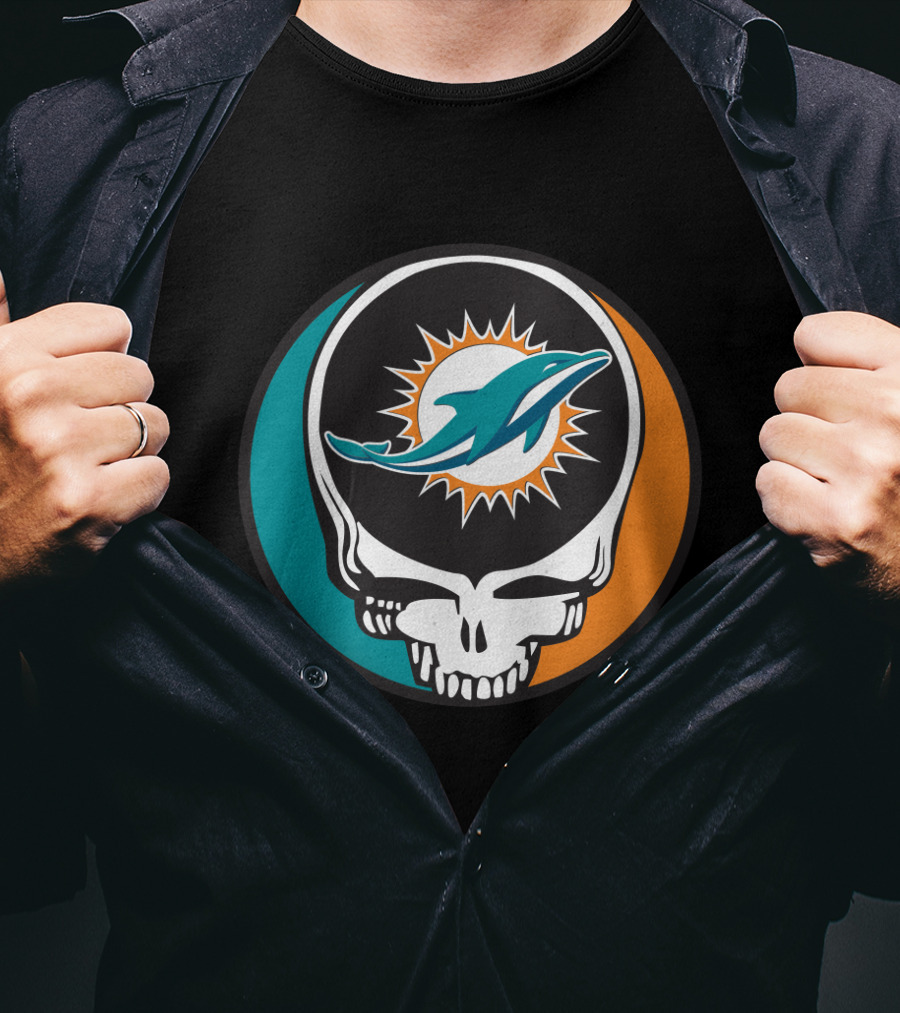 Grateful Dead Skull With Miami Dolphins Logo Fusion For Fans T-Shirt