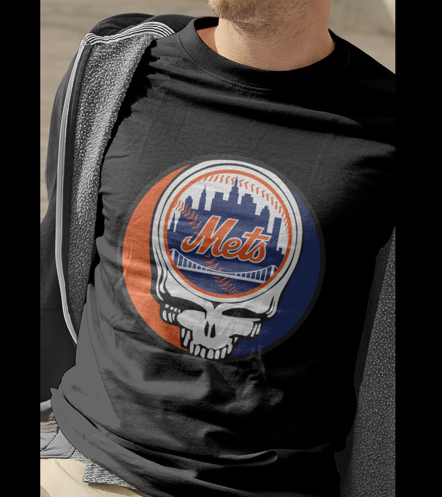 Skull Logo Blending New York Mets Skyline With Grateful Dead T-Shirt