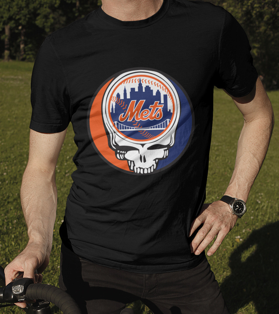 Skull Logo Blending New York Mets Skyline With Grateful Dead T-Shirt