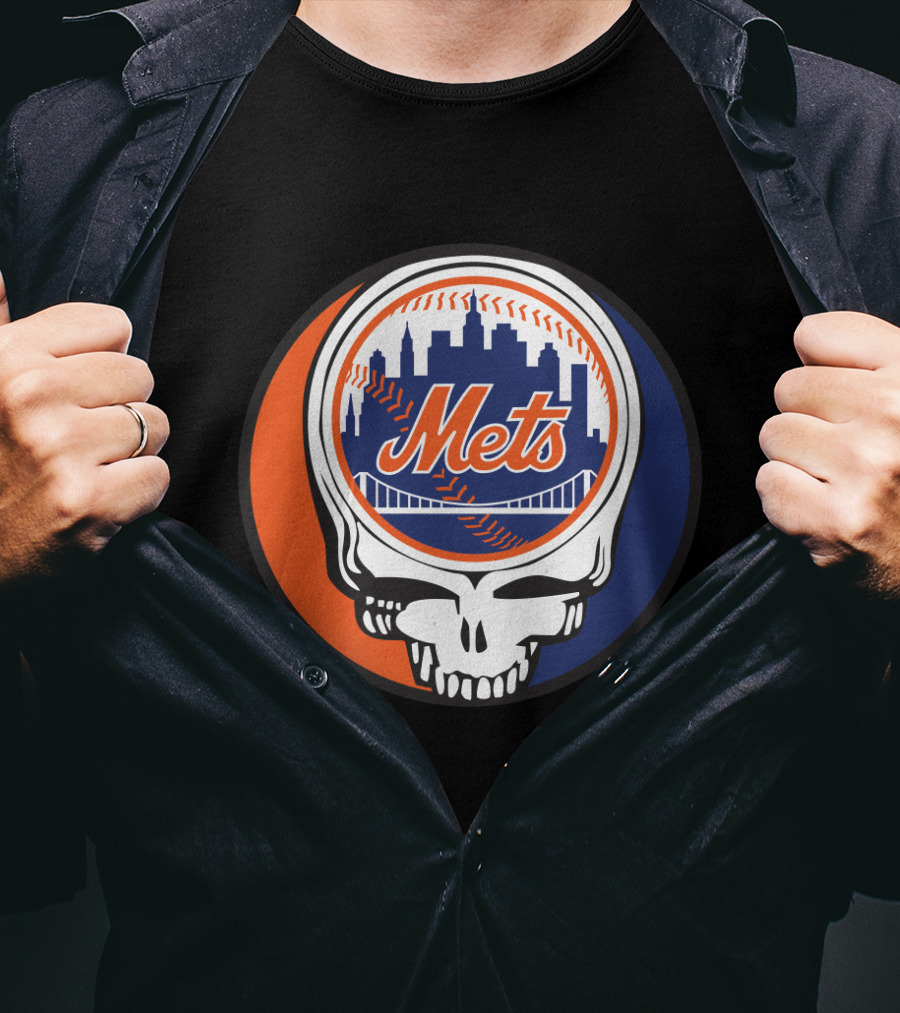 Skull Logo Blending New York Mets Skyline With Grateful Dead T-Shirt