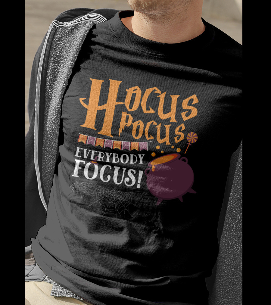 Hocus Pocus Everybody Focus Cauldron Banner Lollipop Spiderweb Halloween T-Shirt