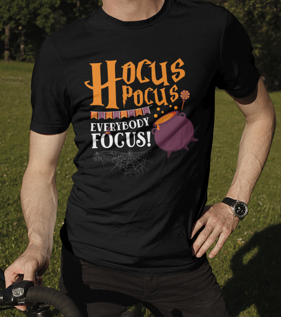 Hocus Pocus Everybody Focus Cauldron Banner Lollipop Spiderweb Halloween T-Shirt