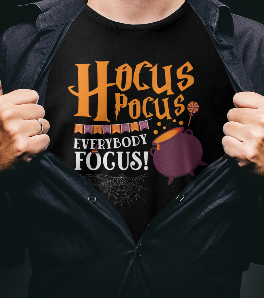 Hocus Pocus Everybody Focus Cauldron Banner Lollipop Spiderweb Halloween T-Shirt