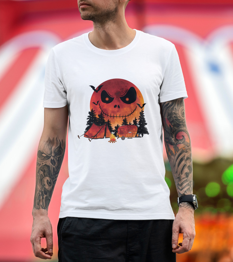 Jack Skellington Halloween Camping Under Blood Moon with Tent and Camper T-Shirt