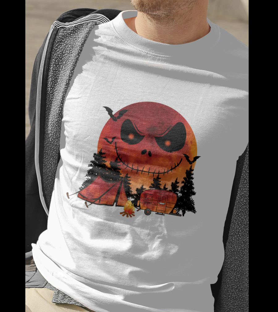 Jack Skellington Halloween Camping Under Blood Moon With Tent And Camper T-Shirt