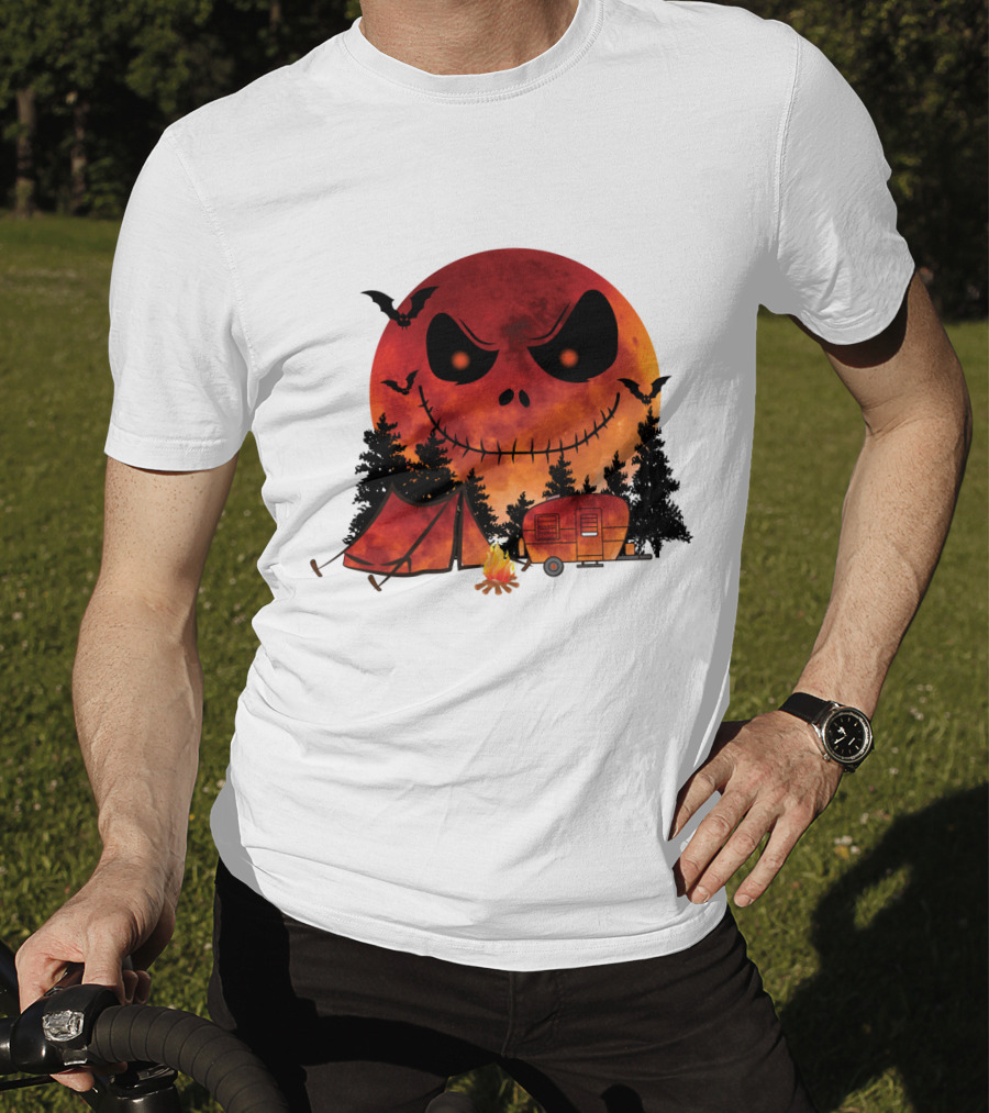 Jack Skellington Halloween Camping Under Blood Moon With Tent And Camper T-Shirt