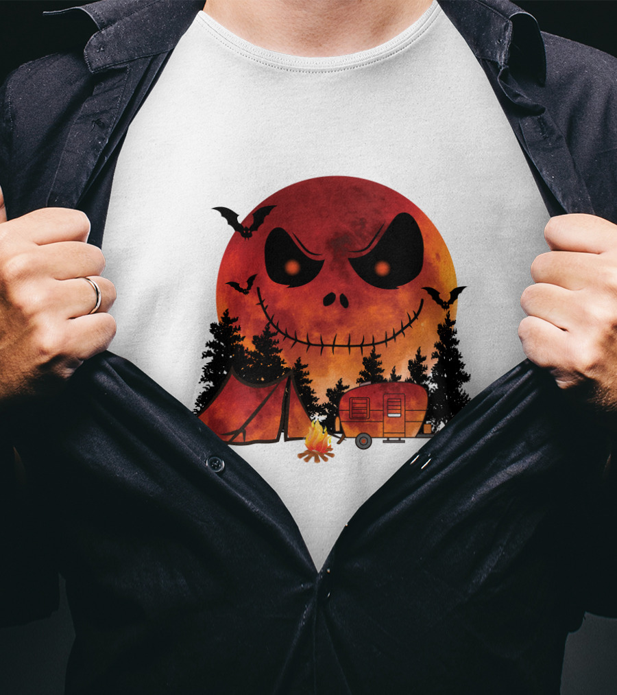 Jack Skellington Halloween Camping Under Blood Moon With Tent And Camper T-Shirt