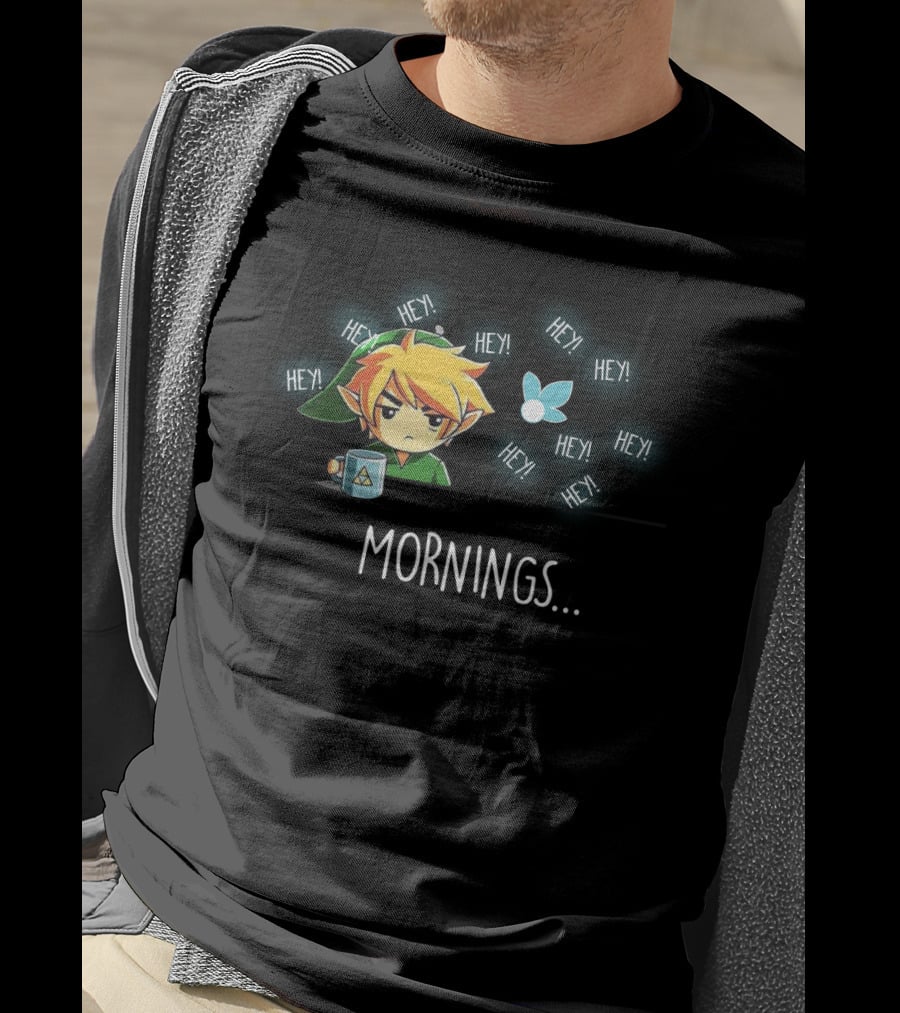 Link Character With Navi Fairy And Coffee Mug In Mornings Hey T-Shirt
