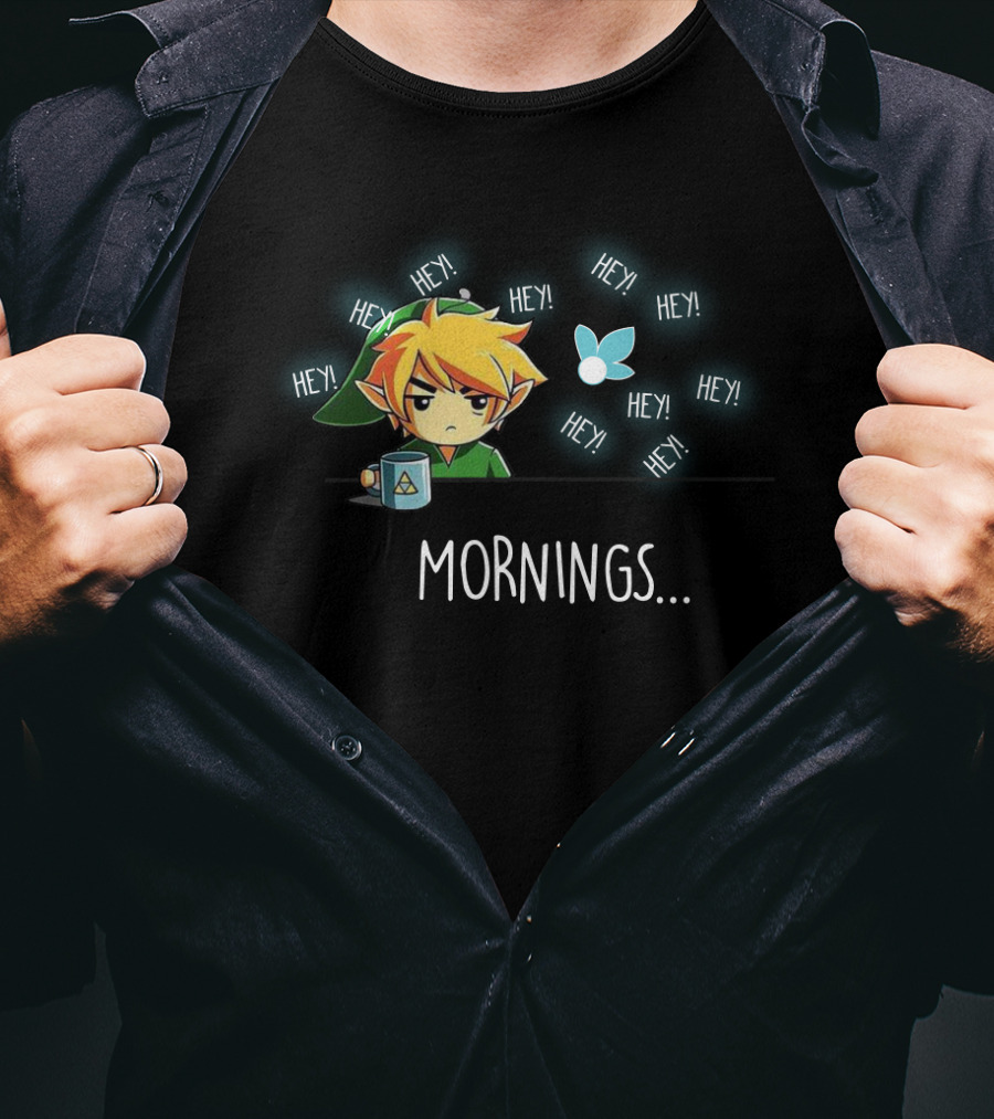 Link Character With Navi Fairy And Coffee Mug In Mornings Hey T-Shirt
