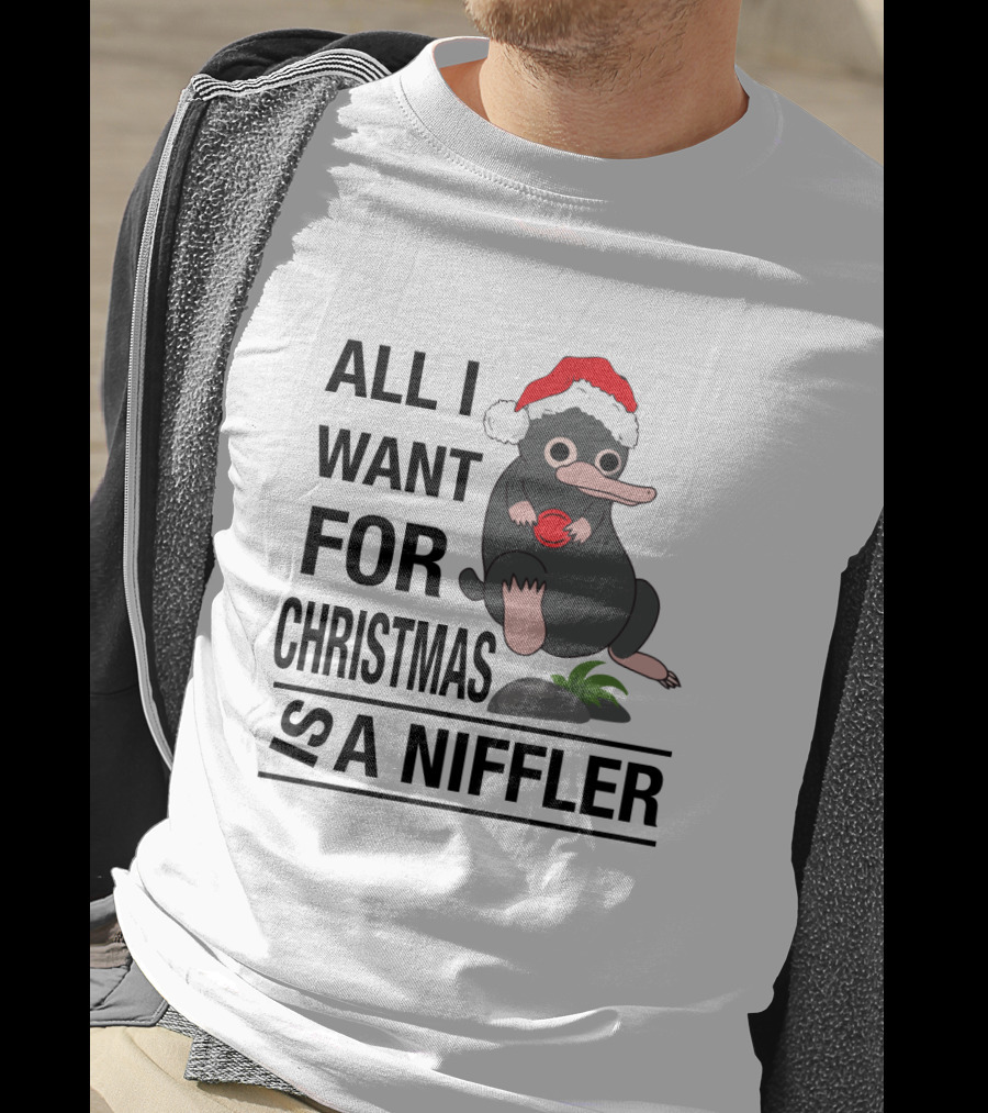 All I Want For Christmas Is A Niffler Wearing Santa Hat Holding Red T-Shirt