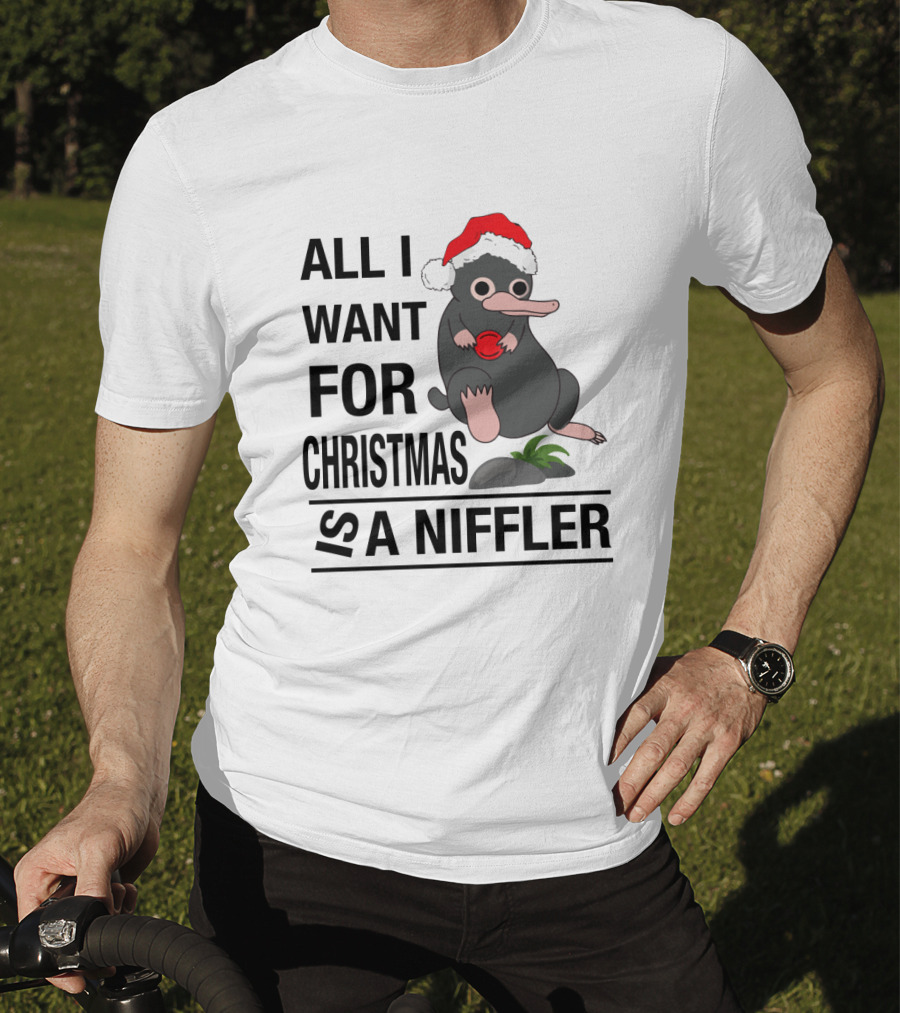 All I Want For Christmas Is A Niffler Wearing Santa Hat Holding Red T-Shirt