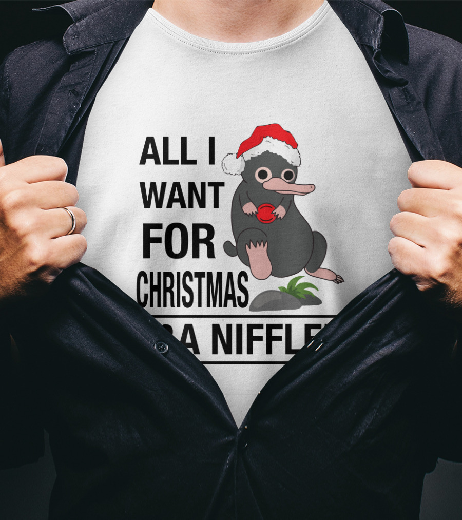 All I Want For Christmas Is A Niffler Wearing Santa Hat Holding Red T-Shirt
