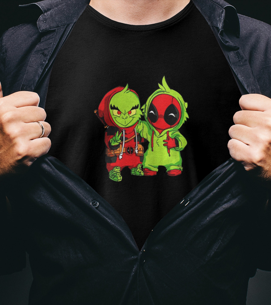 Baby Grinch And Baby Deadpool Crossover Cartoon Characters T-Shirt