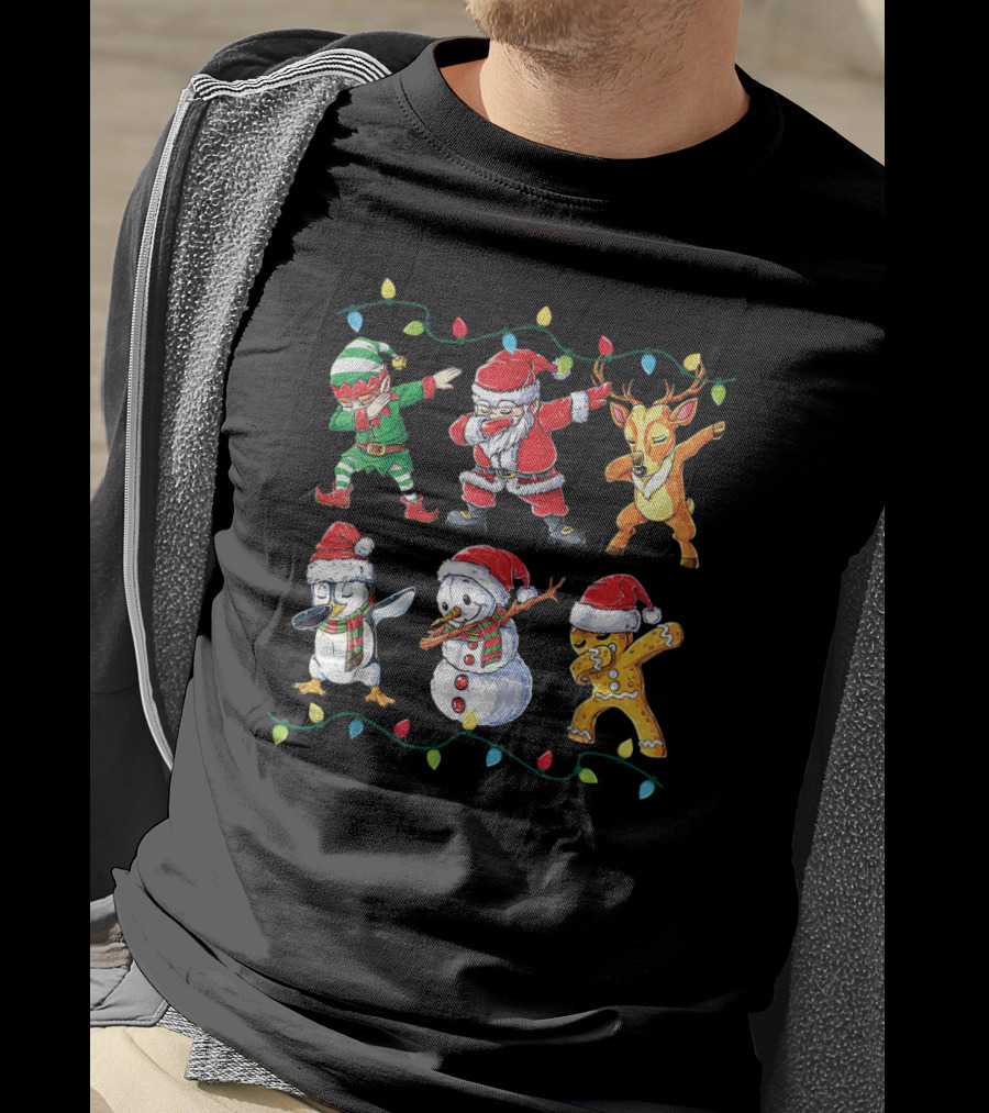 Santa Elf Snowman Penguin Reindeer Gingerbread Dabbing Christmas Lights T-Shirt