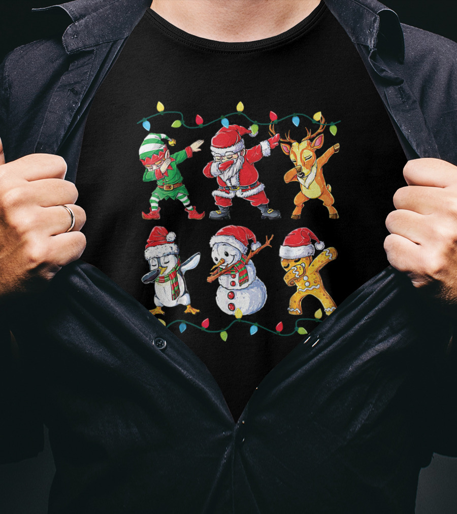 Santa Elf Snowman Penguin Reindeer Gingerbread Dabbing Christmas Lights T-Shirt