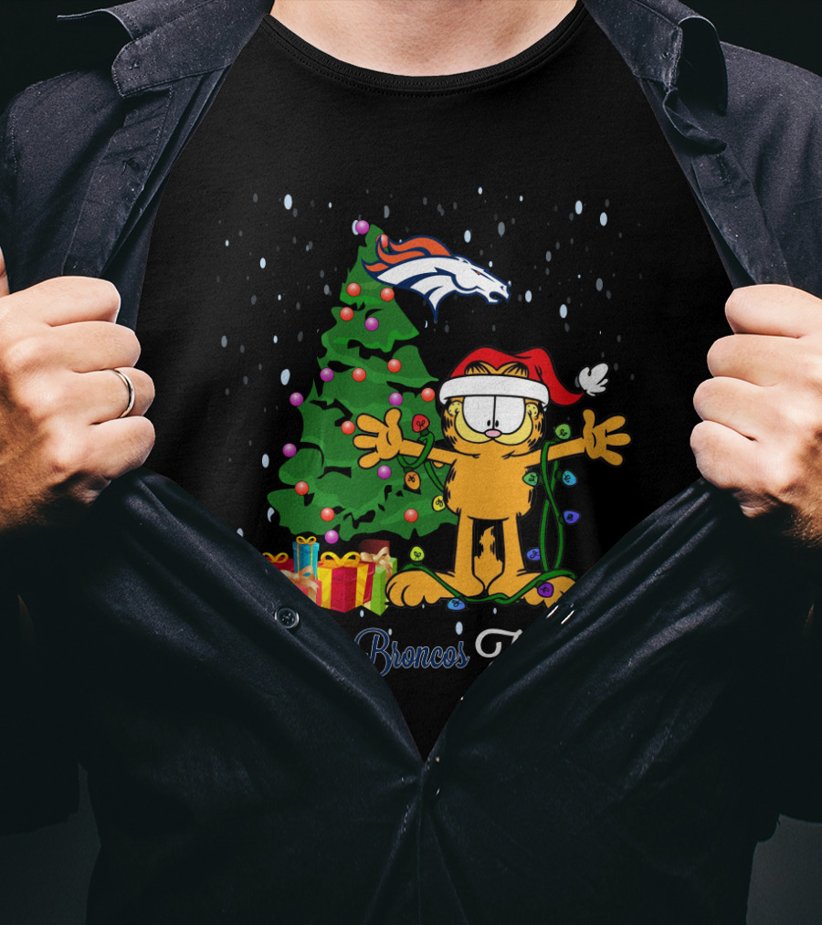I Love Denver Broncos This Big Christmas Tree Garfield Santa Hat T-Shirt