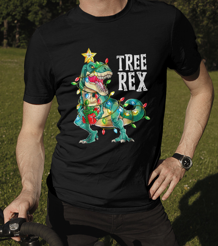 Tree Rex Dinosaur Christmas Lights With Gift And Star T-Shirt