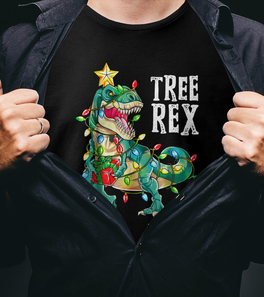 Tree Rex Dinosaur Christmas Lights With Gift And Star T-Shirt