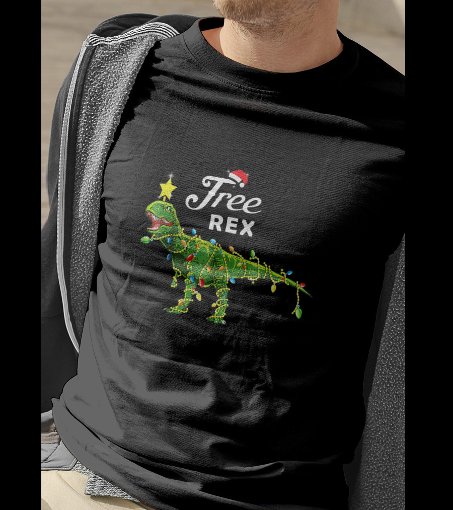 Free Rex Dinosaur Christmas Festive Lights Santa Hat Star Topper T-Shirt