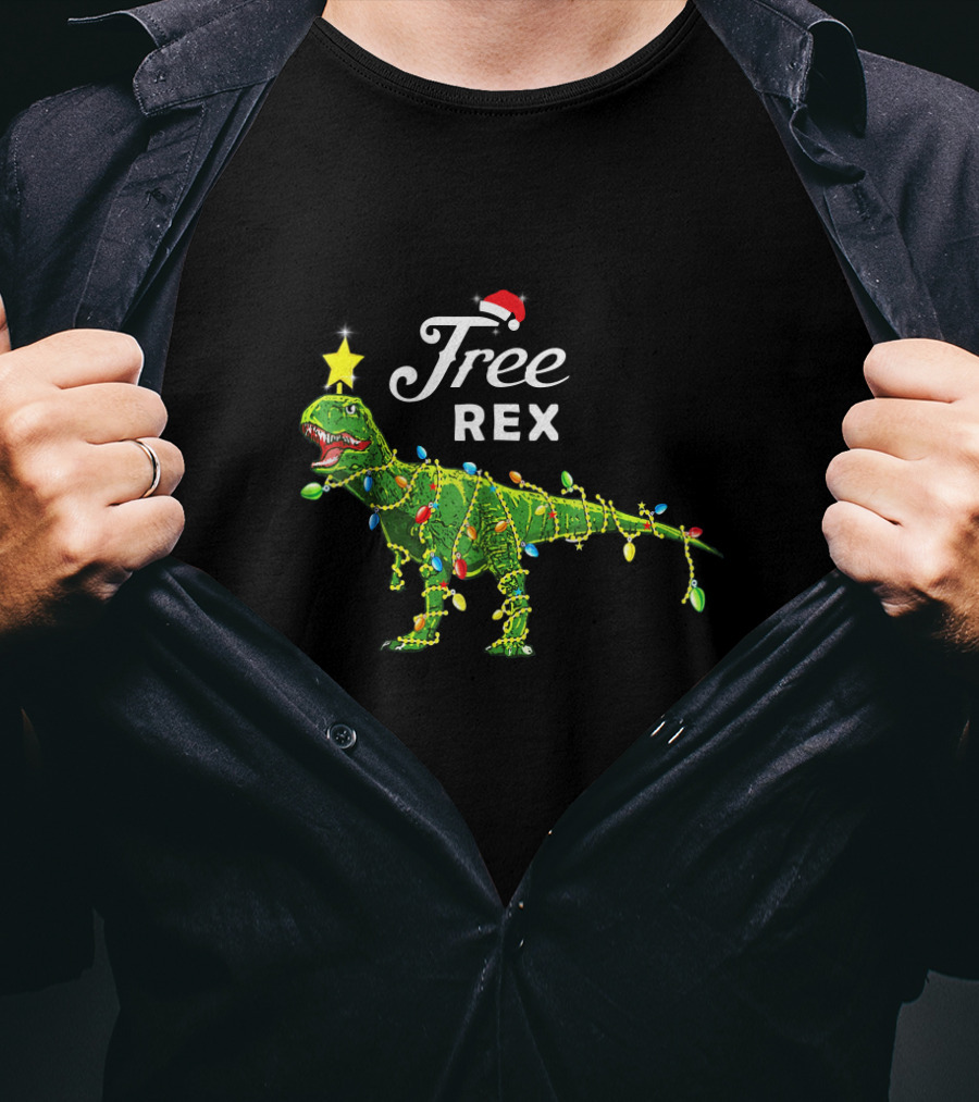 Free Rex Dinosaur Christmas Festive Lights Santa Hat Star Topper T-Shirt