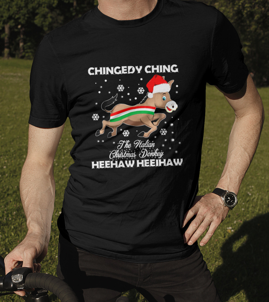 Chingedy Ching Heehaw Heehaw The Italian Christmas Donkey Santa Hat Snowflakes T-Shirt