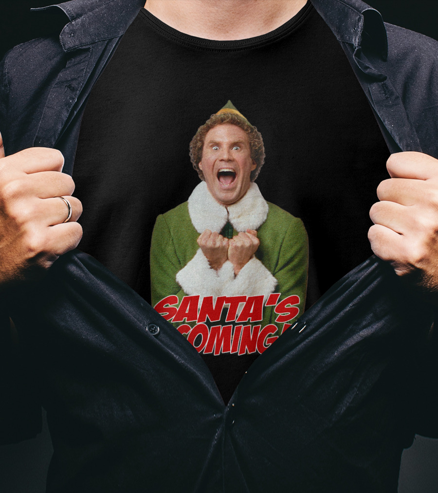 Santa's Coming Excited Elf Green Holiday T-Shirt