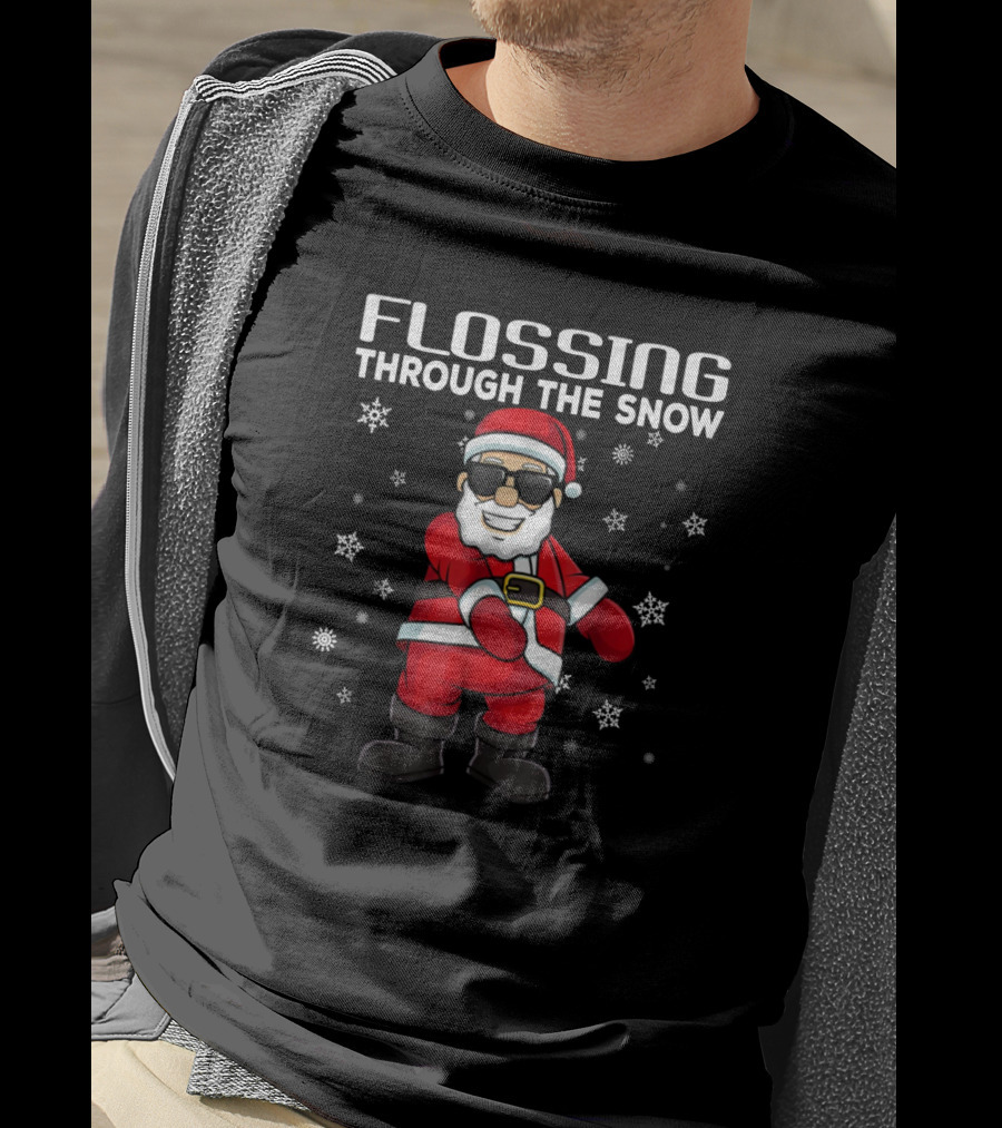 Flossing Through The Snow Santa Claus Sunglasses Surrounded By Snowflakes T-Shirt