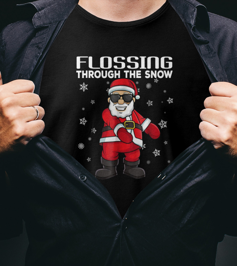 Flossing Through The Snow Santa Claus Sunglasses Surrounded By Snowflakes T-Shirt