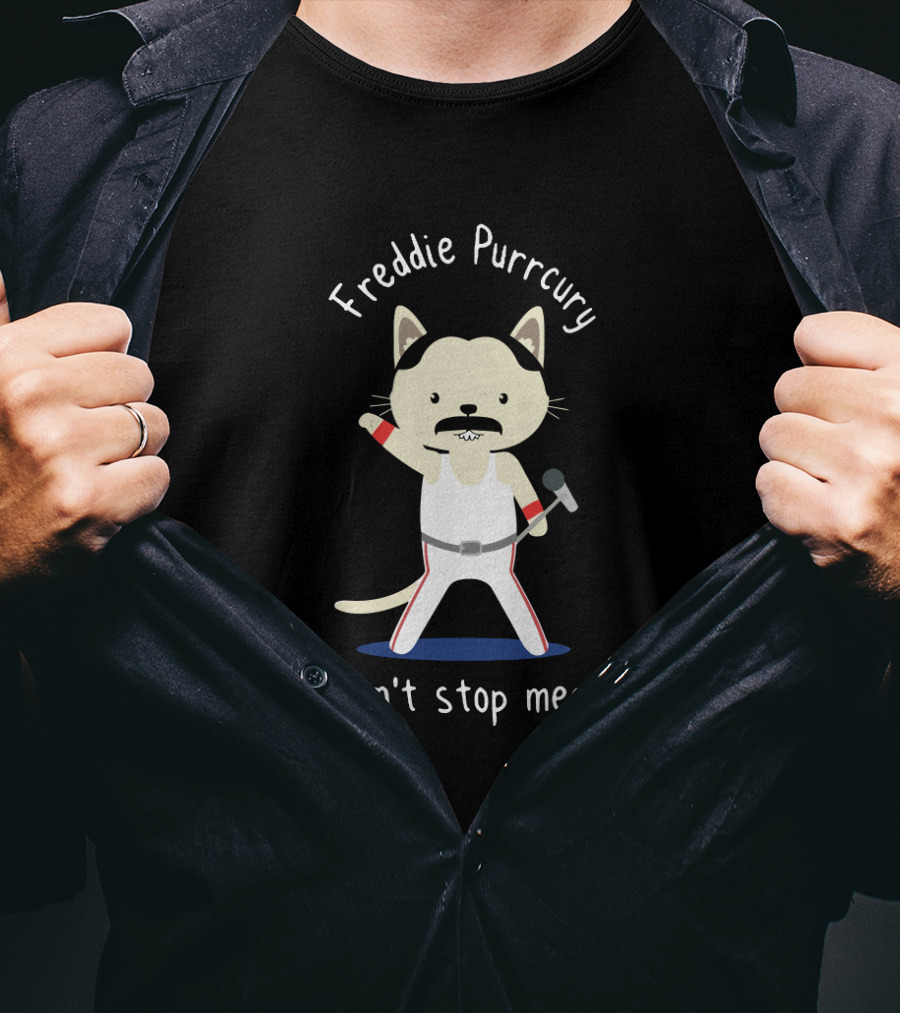 Freddie Purrcury Don't Stop Meow Illustration Of Cat With Microphone In Iconic White T-Shirt