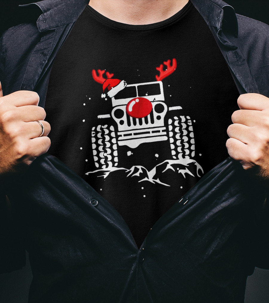 Jeep With Reindeer Antlers Santa Hat And Red Nose Christmas Holiday T-Shirt