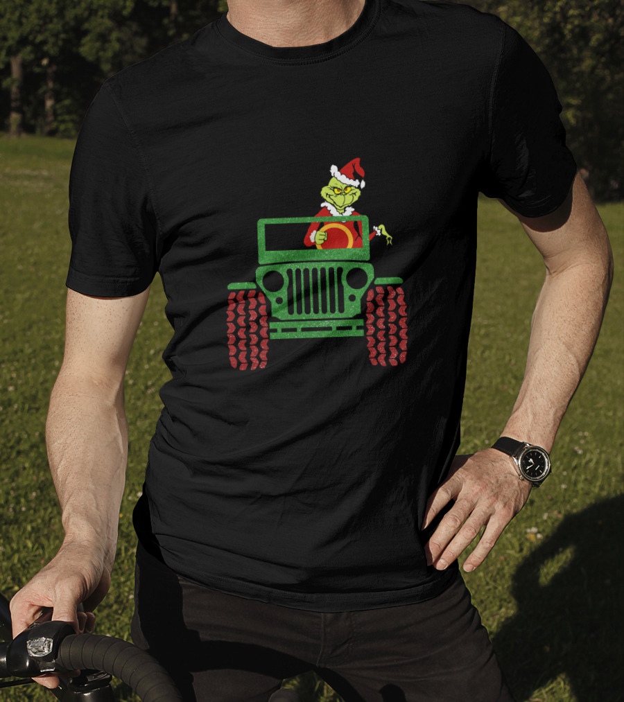 Grinch Santa Drives Christmas Green Jeep With Red Wheels T-Shirt