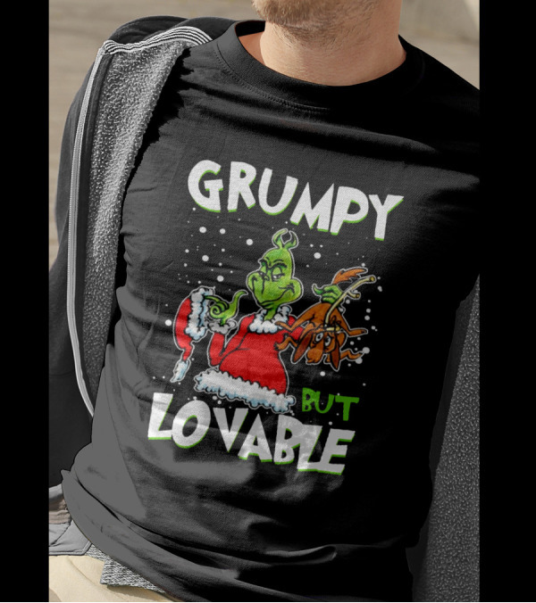 Grumpy But Lovable Grinch In Santa Suit Holding Max Illustrated T-Shirt