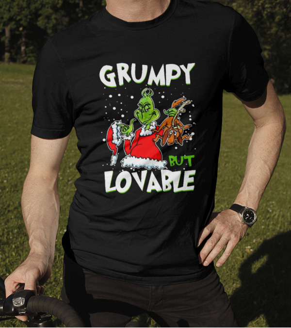 Grumpy But Lovable Grinch In Santa Suit Holding Max Illustrated T-Shirt